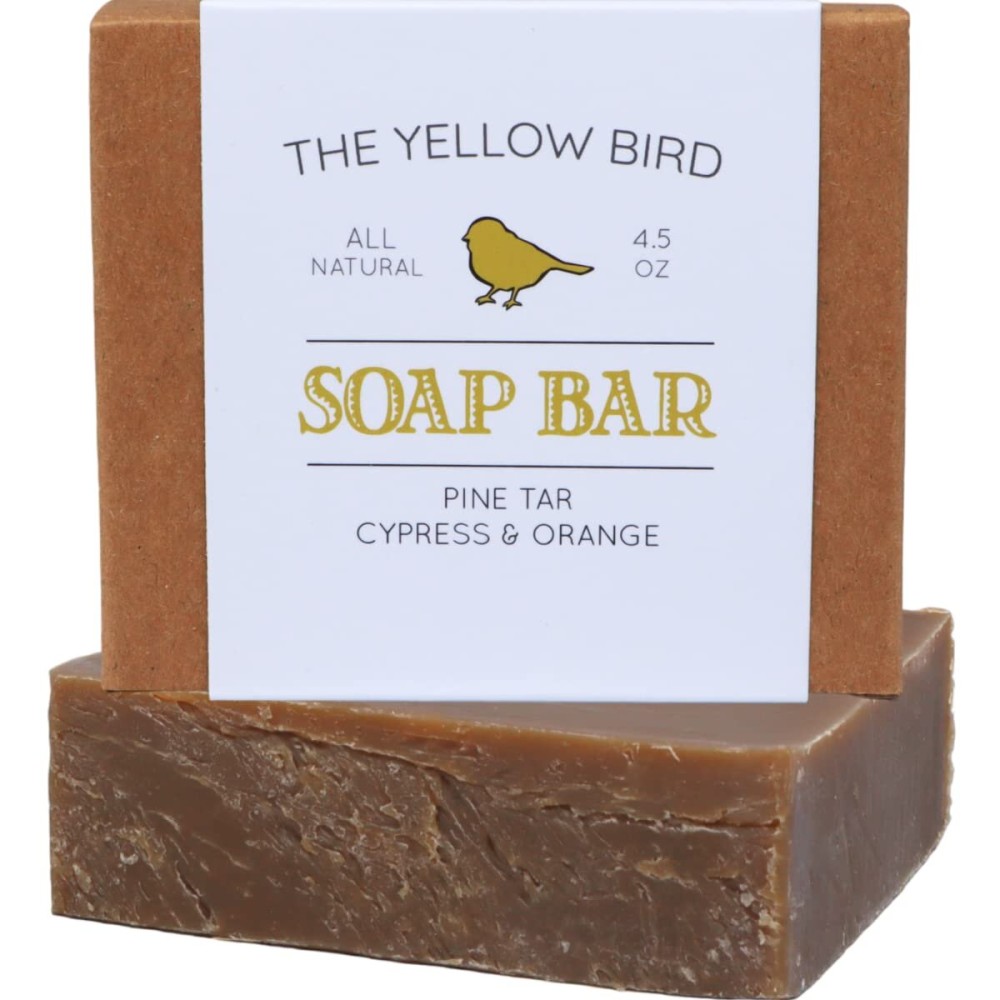 The Yellow Bird Pine Tar Soap Bar - Natural Handmade Face & Body Wash for Men & Women - Moisturizing Cleanser with Shea Butter, Olive & Coconut Oils, and Woodsy Essential Oil Blend (Made in USA)