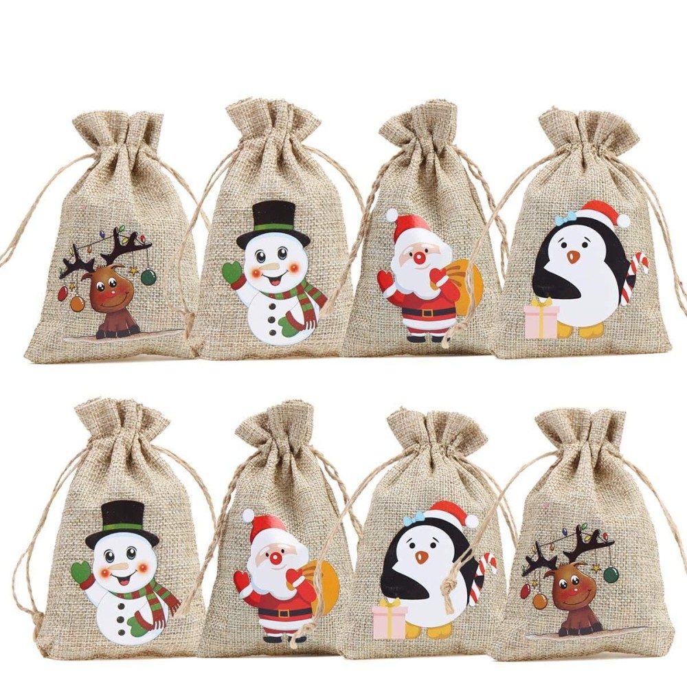 CCINEE 36pc Christmas Linen Bags with Drawstrings Christmas Burlap Goody Gift Bags with Double Jute Drawstrings, 4 designs Snowman, Santa Claus, Penguin and Reindeer