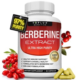 Toplux Berberine Supplement 1800mg - Berberine HCL 97% Tested Ultra High Purity Premium Berberine Extract to Support Overall Health, High Potency Berberine Plus Non-GMO Vegan Men Women, 90 Capsules