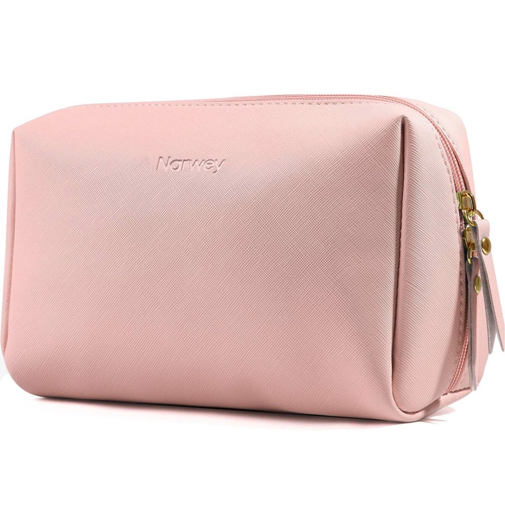 Narwey PU Leather Pink Makeup Bag Travel Cosmetic Bag Toiletry Organizer Make up Bag with Compartments for Women and Girls (Large, Pink)