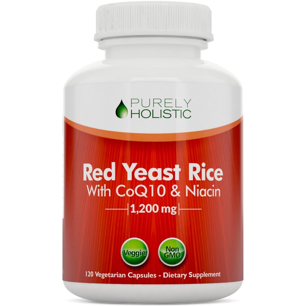 Red Yeast Rice 1200mg with CoQ10 Supplement & Flush Free Niacin 120 Extra Strength Vegetarian Capsules - Advanced Healthy Heart Formula - Non-Irradiated, Citrinin Free