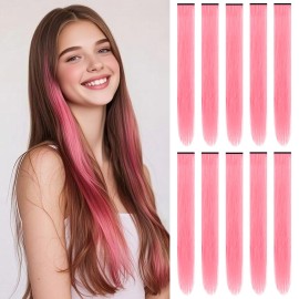 TOFAFA 22 inch Pink Hair Extensions, Colored Party Highlights Clip in Long Straight Hairpiece Colorful Synthetic Hair Extensions for Kids Girls Women Christmas New Year Cosplay Gift(10 PCS Pink)