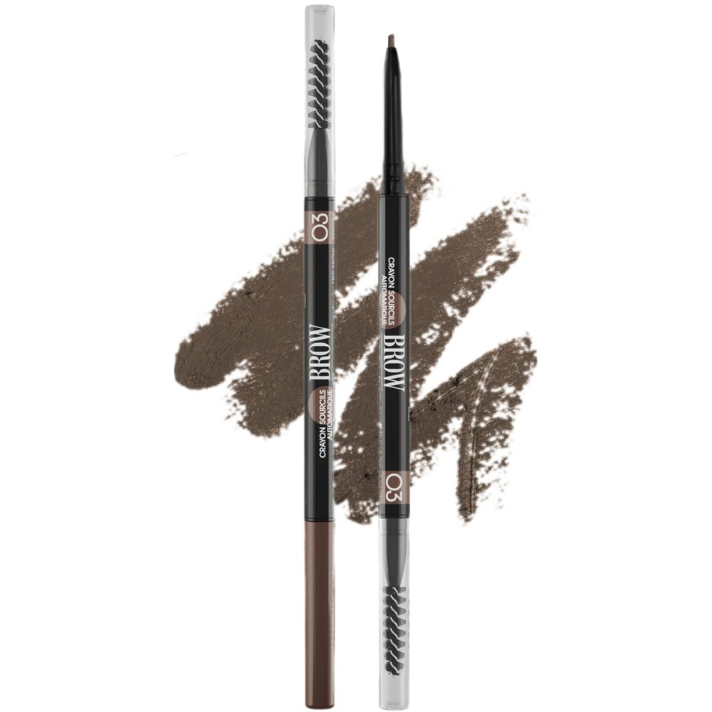 Vivienne Sab Brow Arcade Eyebrow Pencil - Smudge-Proof Liner with Spoolie Brush, Micro Tip for Soft Definition and Natural-Looking Arches, Shade 03 Soft Brown, 0.035 oz