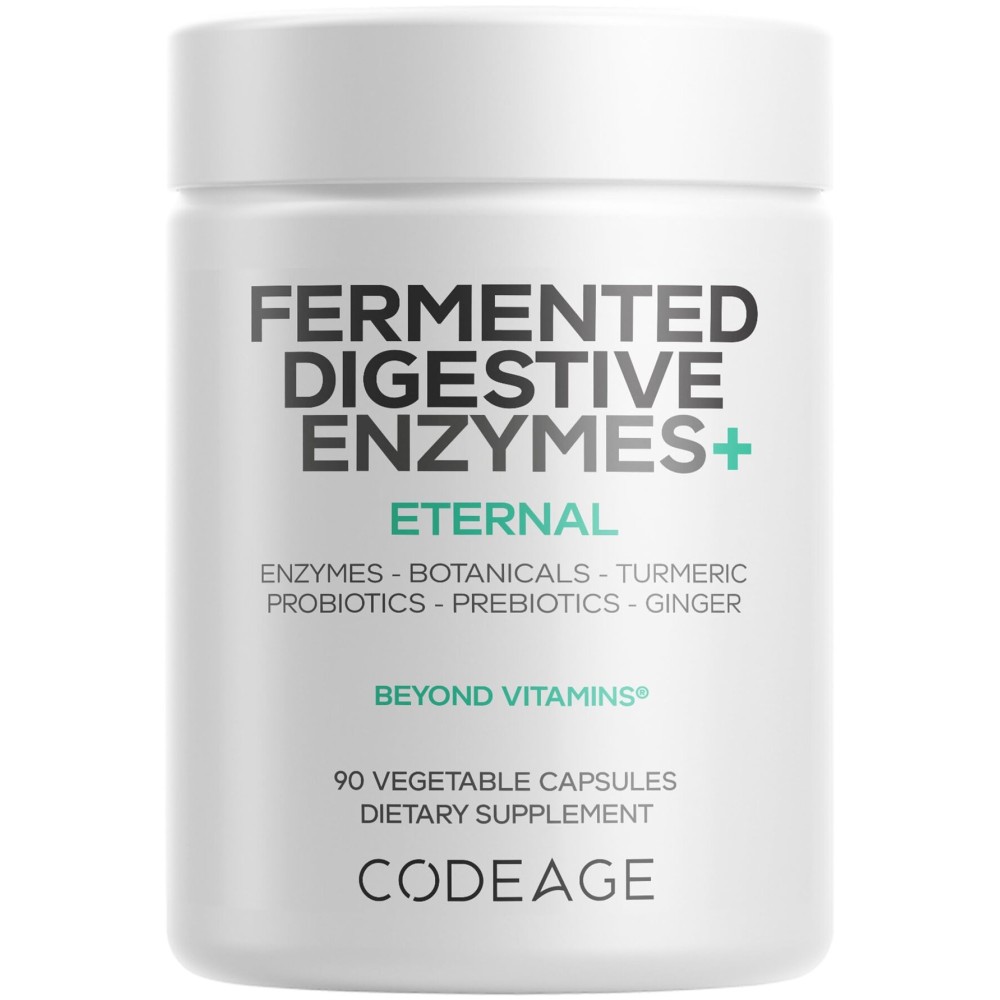 Codeage Fermented Digestive Enzymes Supplement 3-Month Supply - 14 Digestive Enzymes, Probiotics, Prebiotics, Fermented Botanicals, Plant-Based Multi Pancreatic Enzymes - 1 Capsule a Day - 90 Capsules