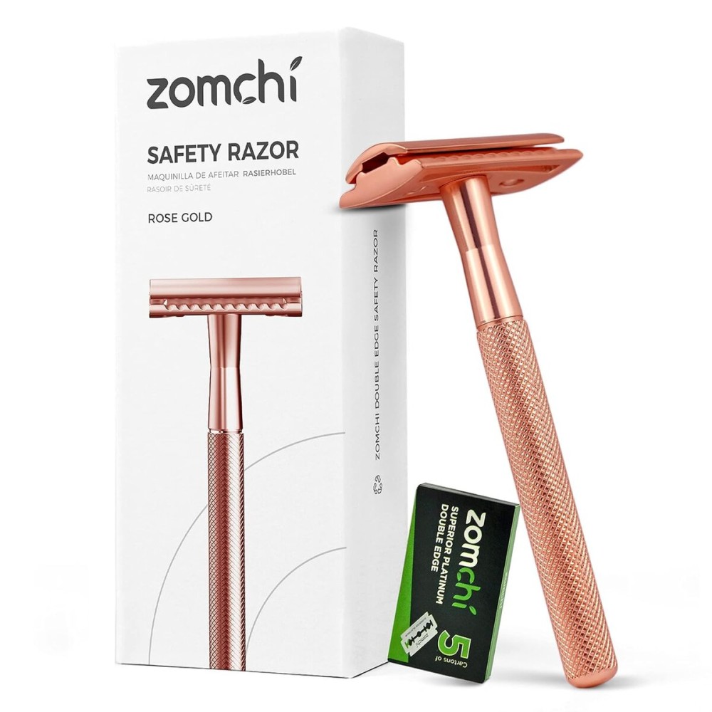 ZOMCHI Safety Razor for Men&Women with 5 Double Edge Safety Razor Blades, Double Edge Razor, Reusable Razor, Plastic Free - Rose Gold