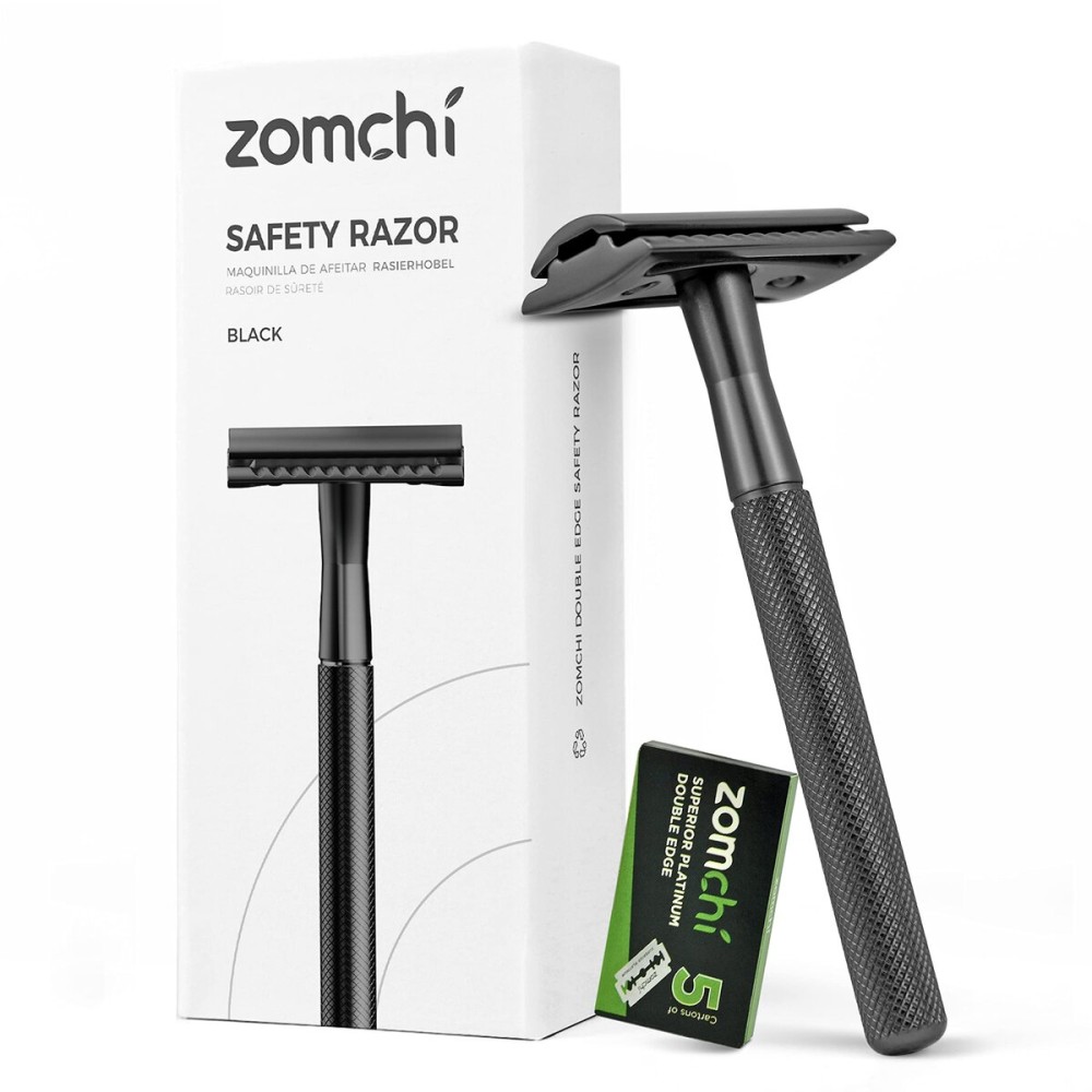 ZOMCHI Safety Razor for Men with 5 Double Edge Safety Razor Blades, One Blade Safety Razor, Metal Razor Zero Waste - Black