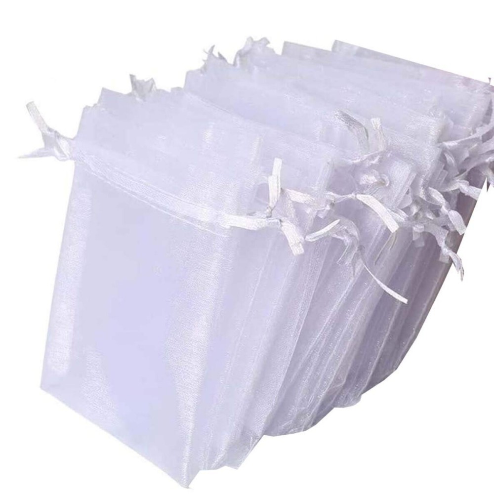 100 Pcs 5x7 inch Gift Wrap Bags, Organza Sheer Clear Tulle Fabric, White Drawstring Sachet for Baby Shower Favor, Birthday Party Favor, Bachelorette Party, Girls Graduation,Small Votive Candles,Marble