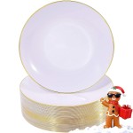 Nervure 100 Pieces Gold Plastic Plates - 10.25 inch Gold Dinner Plates - Heavyweight White and Gold Disposable Plates Ideal for Wedding & Party & Thanksgiving