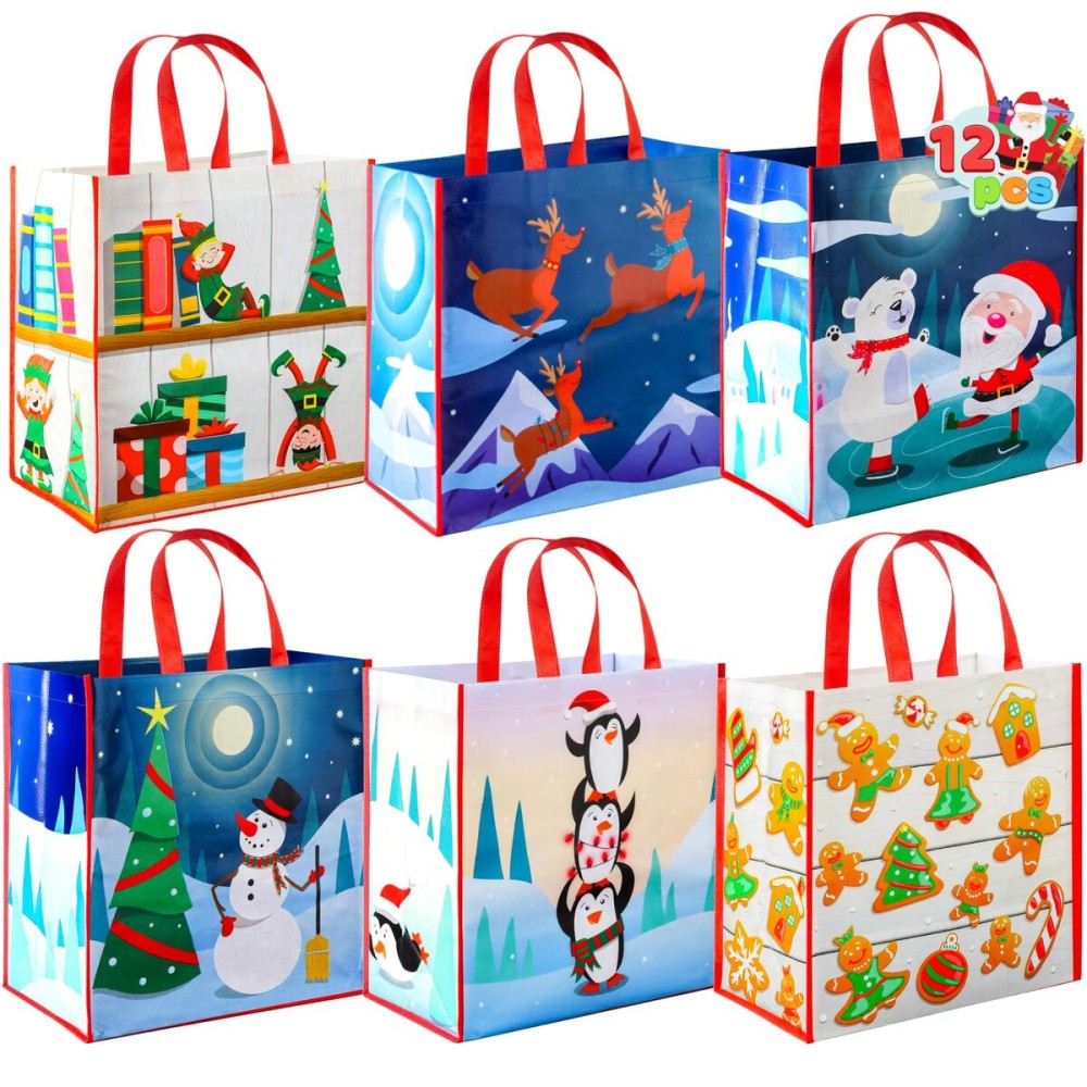 JOYIN 12 PCS Christmas Large Gift Bags with Handles 13.75 x 14, Non-Woven Tote Bag for Wrapping Xmas Party Favors, Reusable Grocery Bags, Party Supplies