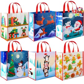 JOYIN 12 PCS Christmas Large Gift Bags with Handles 13.75 x 14, Non-Woven Tote Bag for Wrapping Xmas Party Favors, Reusable Grocery Bags, Party Supplies