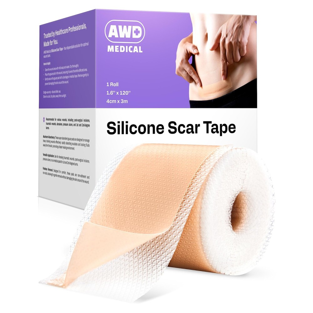 AWD Silicone Scar Tape 120in Long Roll - Silicone Scar Sheets for Surgical Scars, C Section, Keloid - Medical Grade Scar Tape for Bump Removal & Postpartum Essentials (120in)