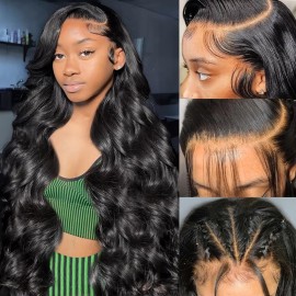 Wingirl 13x6 Body Wave Lace Front Wigs Human Hair Pre Plucked 180 Density HD Transparent Full Lace Frontal Wigs Human Hair for Women Natural Black Color 18Inch