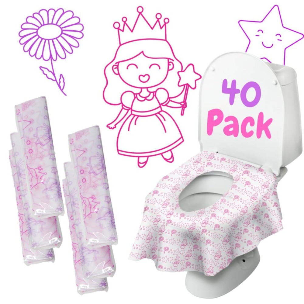 Princess Disposable Toilet Seat Cover for Kids, 40 pack, Extra Large, Waterproof and Individually Wrapped, Travel Toilet Seat Covers, Disposable Potty Liners for Toddlers Potty Training and Travel