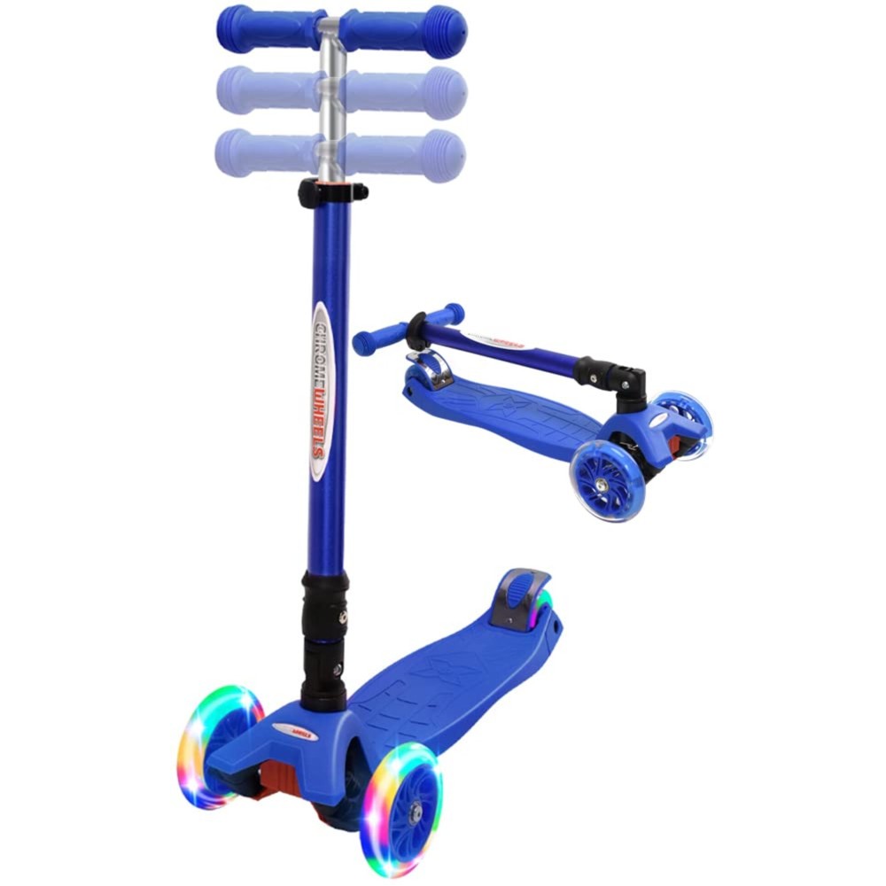 ChromeWheels Foldable Scooters for Kids, Deluxe Kick Scooter 4 Adjustable Height 132lbs Weight Limit 3 Wheel, Lean to Steer LED Light Up Wheels, Best Gifts for Girls Boys Age 3-12 Year Old, Blue