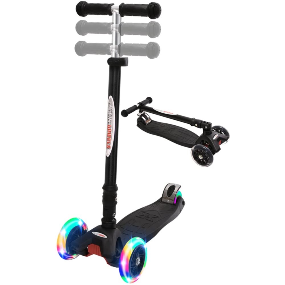 ChromeWheels Foldable Scooters for Kids, Deluxe Kick Scooter 4 Adjustable Height 132lbs Weight Limit 3 Wheel, Lean to Steer LED Light Up Wheels, Best Gifts for Girls Boys Age 3-12 Year Old, Black