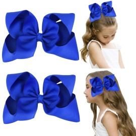 DEEKA 2 PCS 6 Big Hand-made Grosgrain Ribbon Solid Color Hair Bows Alligator Clips Hair Accessories for Little Teen Toddler Girls Kids Set of 2 -Royal Blue