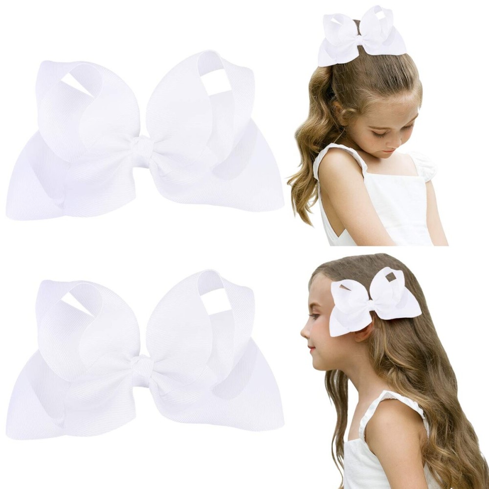 DEEKA 2 PCS 6 Big Hand-made Grosgrain Ribbon Solid Color Hair Bows Alligator Clips Hair Accessories for Little Teen Toddler Girls Kids Set of 2 -White