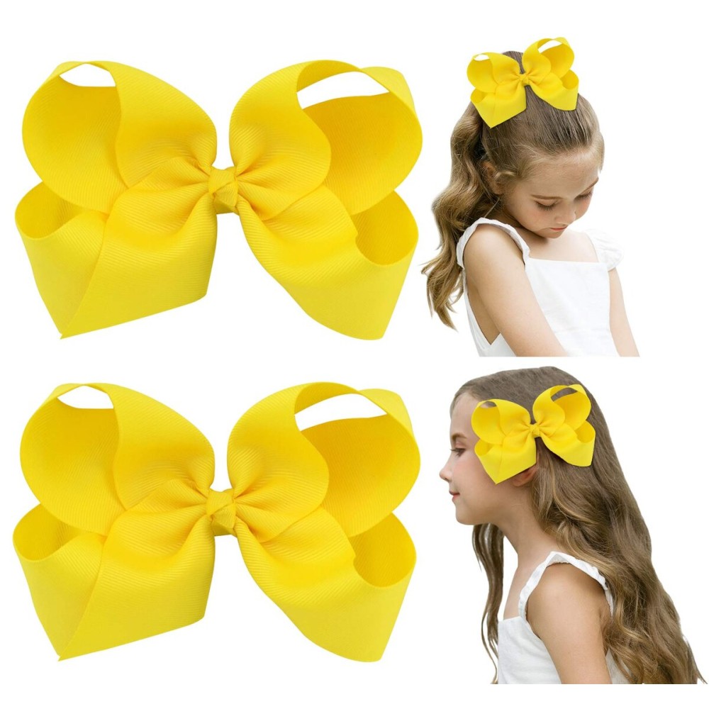DEEKA 2 PCS 6 Big Hand-made Grosgrain Ribbon Solid Color Hair Bows Alligator Clips Hair Accessories for Little Teen Toddler Girls Kids Set of 2 -Yellow