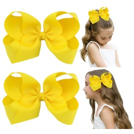 DEEKA 2 PCS 6 Big Hand-made Grosgrain Ribbon Solid Color Hair Bows Alligator Clips Hair Accessories for Little Teen Toddler Girls Kids Set of 2 -Yellow