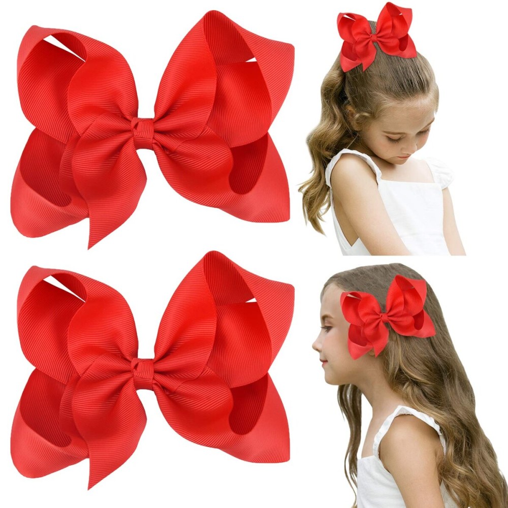 DEEKA 2 PCS 6 Big Hand-made Grosgrain Ribbon Solid Color Hair Bows Alligator Clips Hair Accessories for Little Teen Toddler Girls Kids Set of 2 -Red