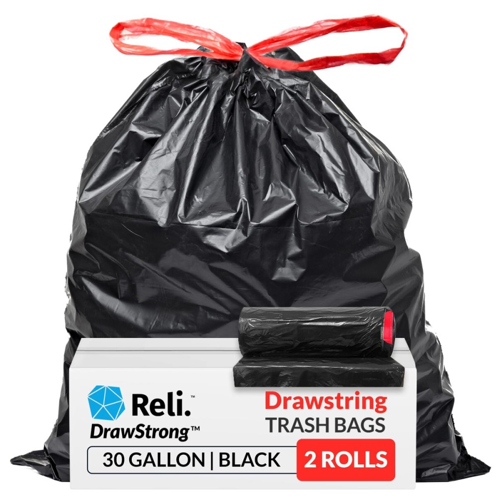 Reli. 30 Gallon Trash Bags Drawstring | 150 Count | Black | 30 Gallon Garbage Bags Heavy Duty | Large 30 Gal