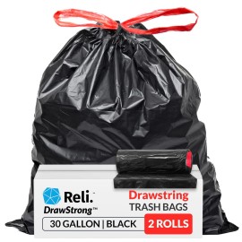Reli. 30 Gallon Trash Bags Drawstring | 150 Count | Black | 30 Gallon Garbage Bags Heavy Duty | Large 30 Gal