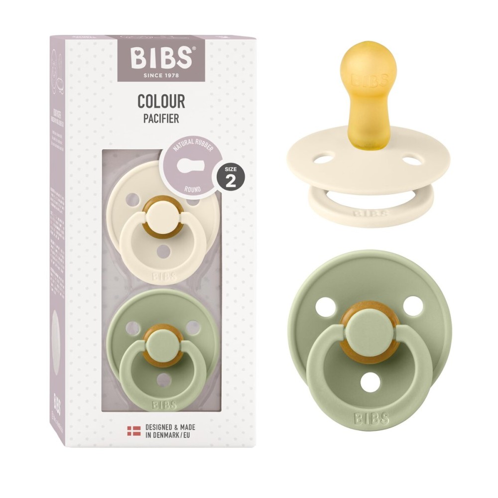 BIBS Pacifiers Colour Collection | Natural Rubber Baby Pacifier | Round Nipple | Set of 2 BPA-Free Soothers | Made in Denmark | 0+ Months (Pack of 2) | Sage/Ivory