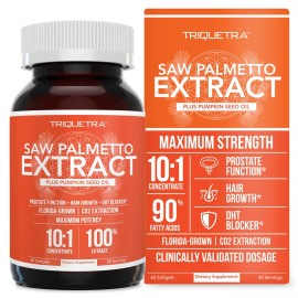 Saw Palmetto Extract - 10X Potency, Pharmaceutical Grade Strength - Plus Pumpkin Seed Oil - Supports Prostate Health, Relieves Urination Issues, Supports Hair Growth, DHT Blocker - 60 Softgels