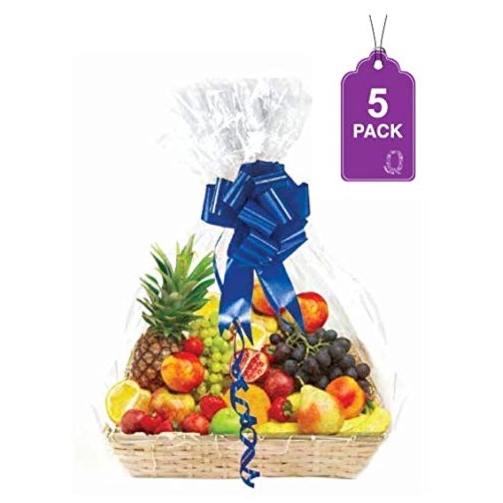 Purple Q Crafts Clear Basket Bags, 5 Pack Large Clear Cellophane Wrap for Baskets & Gifts 30x 40 1.5 Mil Thick (5)