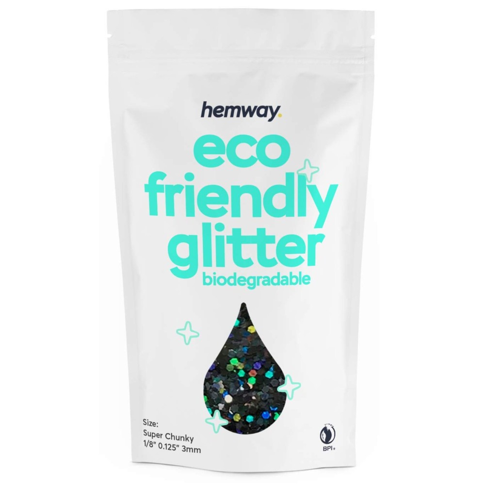 Hemway Eco Friendly Biodegradable Glitter 100g / 3.5oz Bio Cosmetic Safe Sparkle Vegan for Face, Eyeshadow, Body, Hair, Nail and Festival Makeup - Super Chunky (1/8 0.125 3mm) - Black Holographic