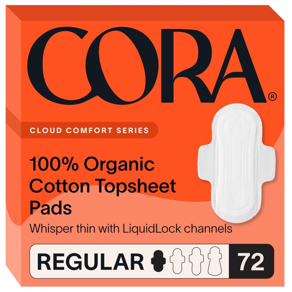 Cora 100% Organic Cotton Topsheet Pads | Ultra Thin Period Pad with Wings | Regular Absorbency | Ultra-Absorbent Sanitary Pads for Women (72 Count)