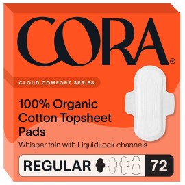 Cora 100% Organic Cotton Topsheet Pads | Ultra Thin Period Pad with Wings | Regular Absorbency | Ultra-Absorbent Sanitary Pads for Women (72 Count)