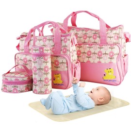 Moclever 5PCS Diaper Bag Tote Set for Baby Essentials - Large Baby Bags for Mom, Waterproof Maternity Bags with Bottle Bag, Food Bag & Changing Pad (Pink)