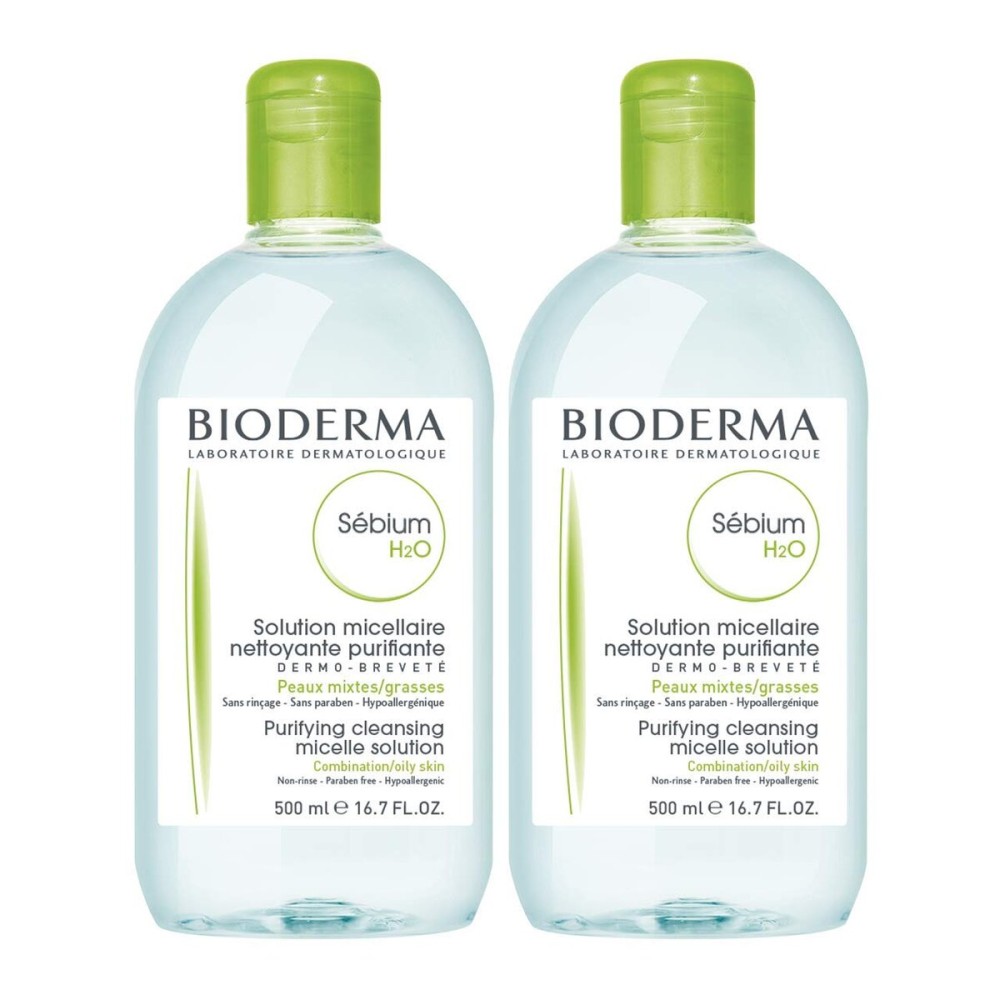 Bioderma Sbium H2O Micellar Water, Duo Pack Cleansing and Makeup Removing Gentle Face Cleanser for Combination to Oily Skin, 33.4 Fl Oz
