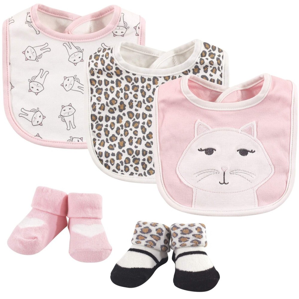 Hudson Baby Unisex Baby Cotton Bib and Sock Set, Kitty, One Size