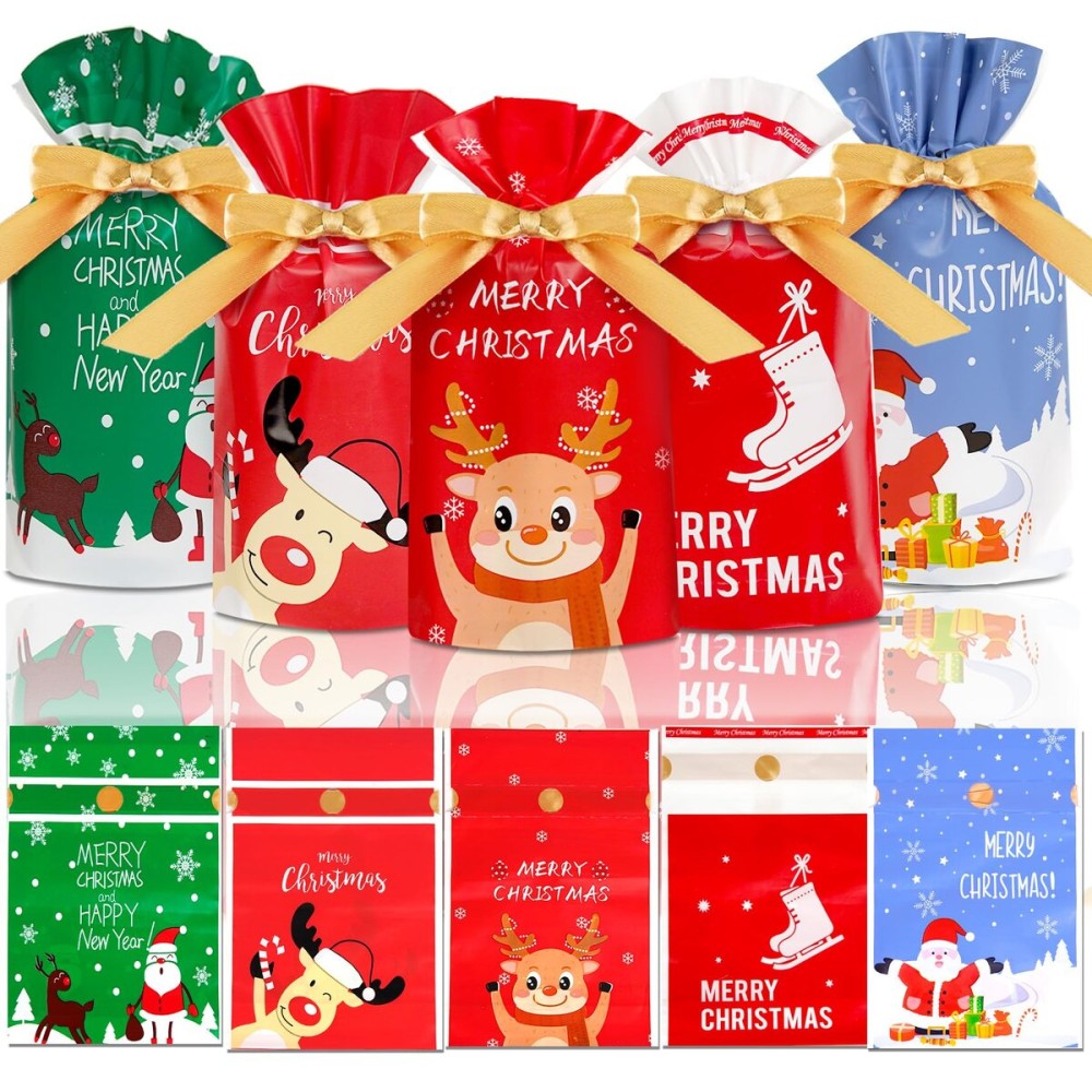 DLY 50 Pcs Christmas Candy Bag Treat Bags Candy Goodies Plastic Drawstring Gift Bags Merry Christmas Treat Bags for Birthday Party Snack