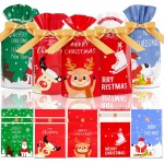 DLY 50 Pcs Christmas Candy Bag Treat Bags Candy Goodies Plastic Drawstring Gift Bags Merry Christmas Treat Bags for Birthday Party Snack