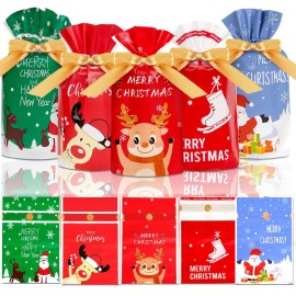 DLY 50 Pcs Christmas Candy Bag Treat Bags Candy Goodies Plastic Drawstring Gift Bags Merry Christmas Treat Bags for Birthday Party Snack