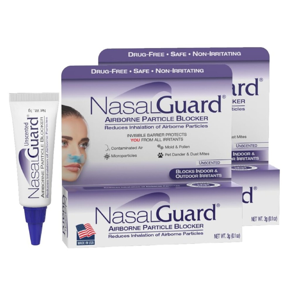 NasalGuard Airborne Particle Blocker Gel - Helps Reduce Inhalation of Allergens, Pollutants & Irritants - Drug-Free, Daily Use, Made in USA (Unscented, 3g, Pack of 2), Over 150 Applications