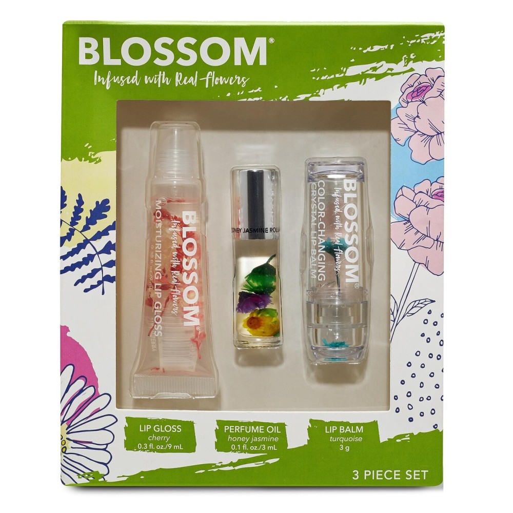 Blossom Moisturizing Lip Gloss Tubes, Roll on Perfume Oil, Natural Essential Oils, Scented pH Color Change Lip Balm with Real Flowers, 0.7 fl. oz/15mL, 3 Pack Gift Set, Cherry/Honey Jasmine/Turquoise