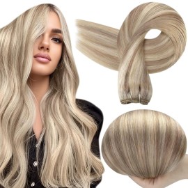Full Shine Weft Hair Extensions Human Hair 22 Inch Sew In Hair Extensions Remy Straight Hair Weft Color 18 Ash Blonde Highlight 613 Bleach Blonde Real Human Hair Wefts Hair Bundles 105G