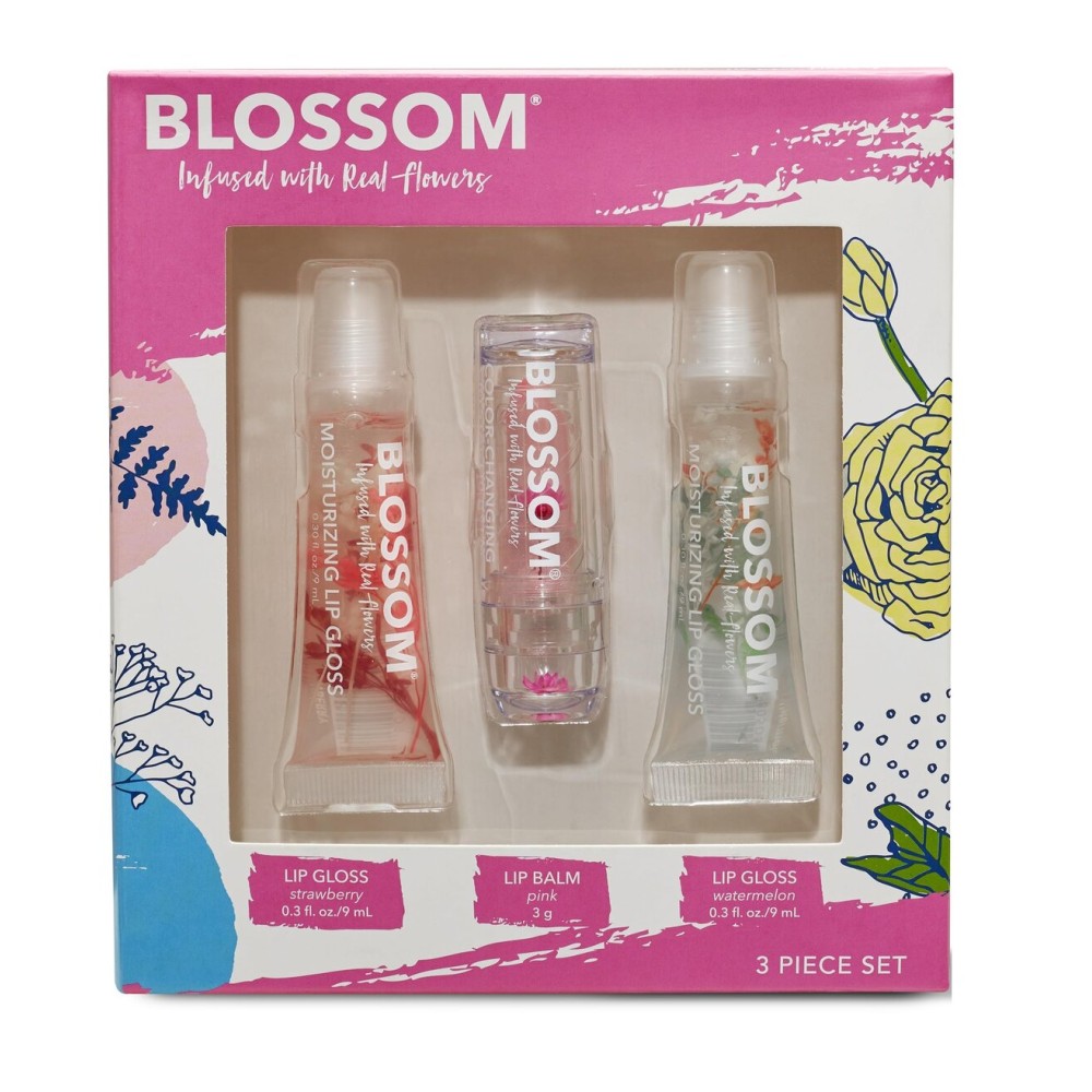 Blossom Scented Moisturizing Lip Gloss Tubes + pH Color Change Crystal Lip Balm, Infused with Real Flowers, 0.9 fl. oz/27ml, 3 pack Full Size Gift Set, Strawberry/Pink/Watermelon