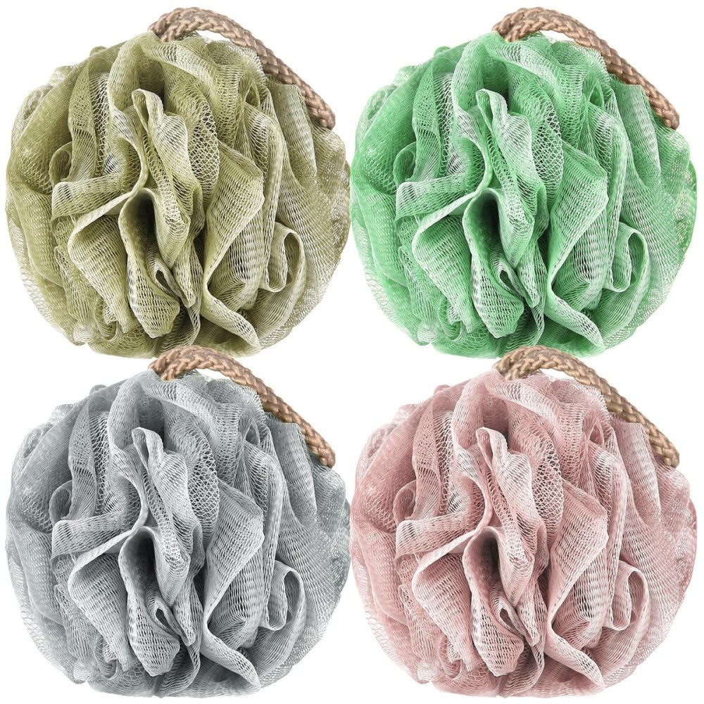 Loofah Sponge Pack of 4, Deep Cleansing Body Scrubber for Shower, Exfoliating Bath Sponge with Handle for Women and Men (001, 50g)