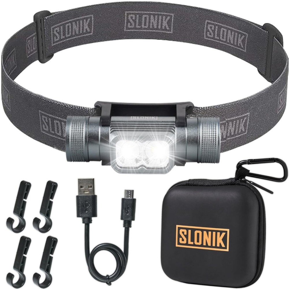 SLONIK Rechargeable Headlamp for Adults - 1000 Lumens Super Bright 60 ft Beam LED Flashlight - Lightweight, Heavy-Duty, IPX4 Waterproof Hard Hat Light - Camping Gear, Running Headlight, Gray