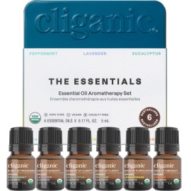 Cliganic Organic Aromatherapy Essential Oils Set (Top 6 - The Essentials), 100% Pure Natural - Peppermint, Lavender, Eucalyptus, Tea Tree, Lemongrass & Orange (Packaging May Vary)