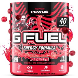 G Fuel PewDiePie Energy Drink Powder, Pre Workout Caffeine Mix for Gaming, Sugar Free Focus Amino, Vitamin + Antioxidants, 9.9oz (Lingonberry, 40 Servings)
