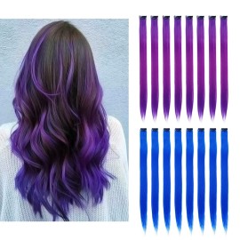 16Pcs Color Clip in Hair Extensions Purple Blue Multiple Color Hair 20inch Colorful Straight Fashion Clip on Hairpieces for Girls Women(Purple + Blue)