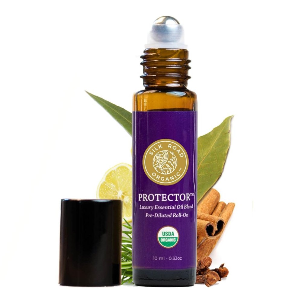 Silk Road Organic Protector Essential Oil Immunity Blend Roll On, Based on Thieves Oil Legend, 100% Pure USDA Certified Clove Bud, Cinnamon Bark, Rosemary, Lemon, Eucalyptus - 10 ml Roller
