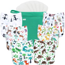 wegreeco Cloth Diapers 6 Pack with 6 Inserts & 1 Wet Bag, Washable Cloth Diapers for Babies, One Size Adjustable Reusable (Forest, Animals)