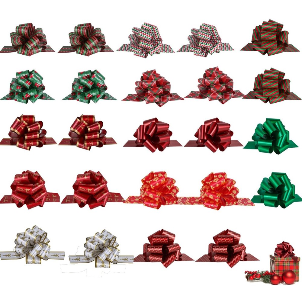 PintreeLand 24PCS Christmas Bows for Gift Wrapping, 5 Xmas Pull Bows with Ribbon Wrap Accessory for Present, Florist, Bouquet, Hamper, Basket Decor, Easy to Assemble